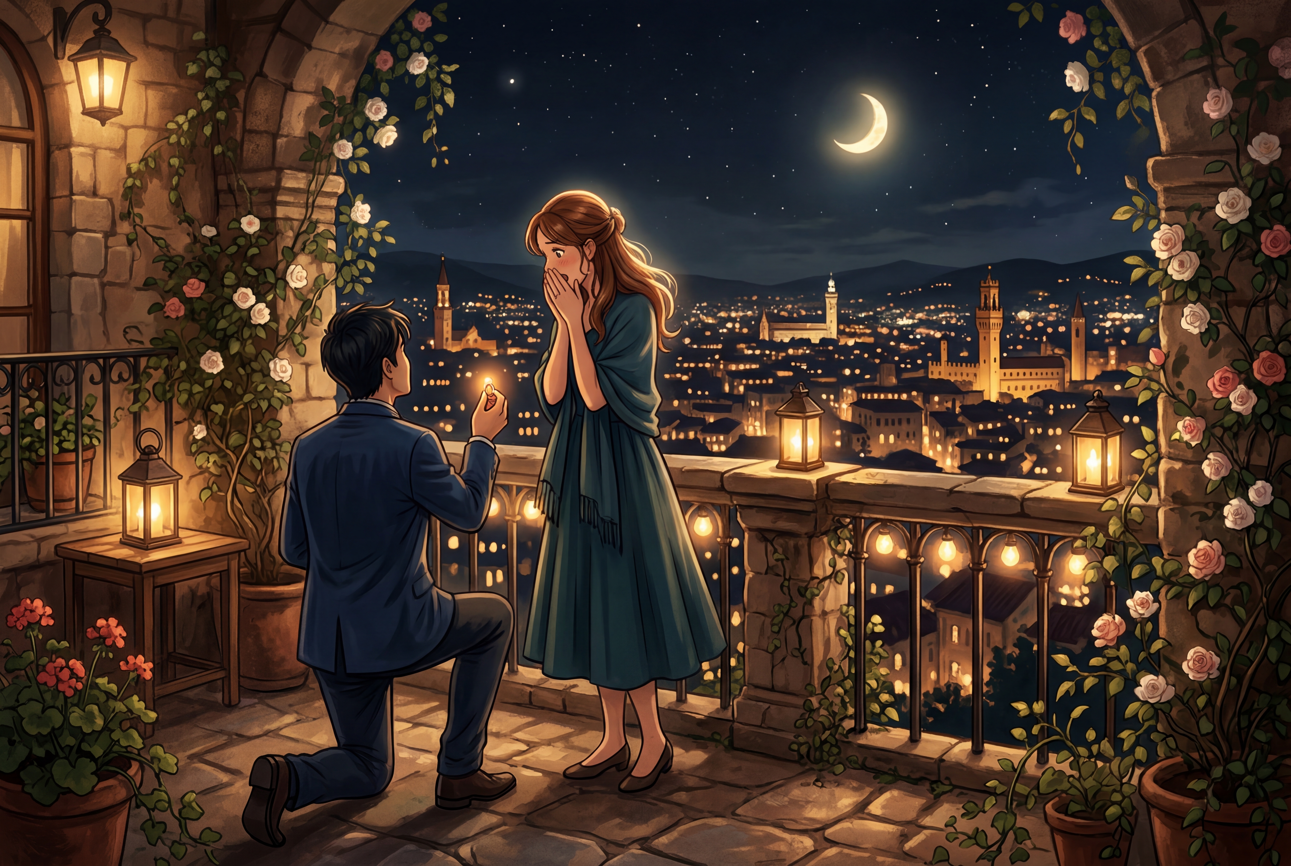 A moonlit balcony proposal