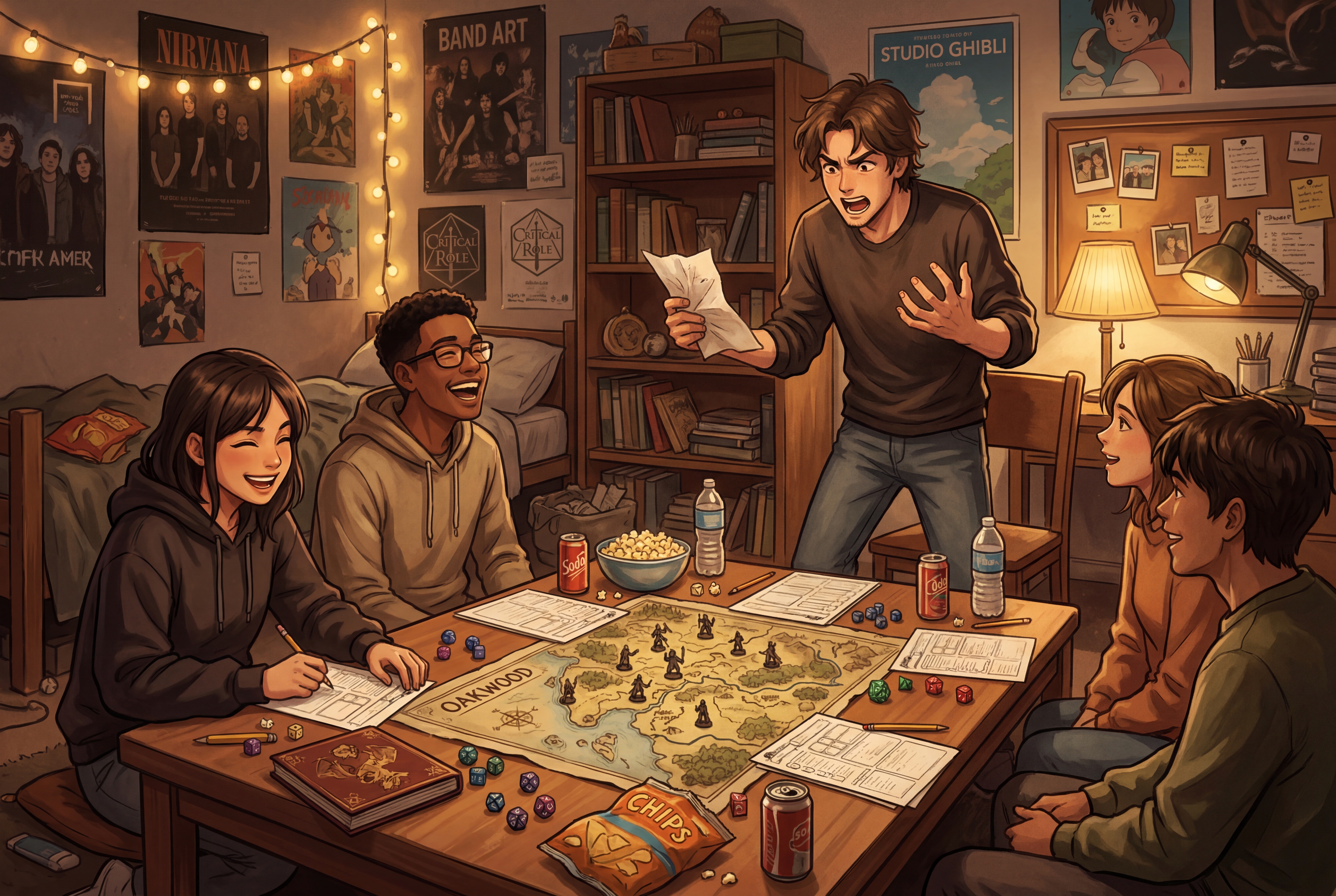 Friends playing dungeons and dragons in a dorm room
