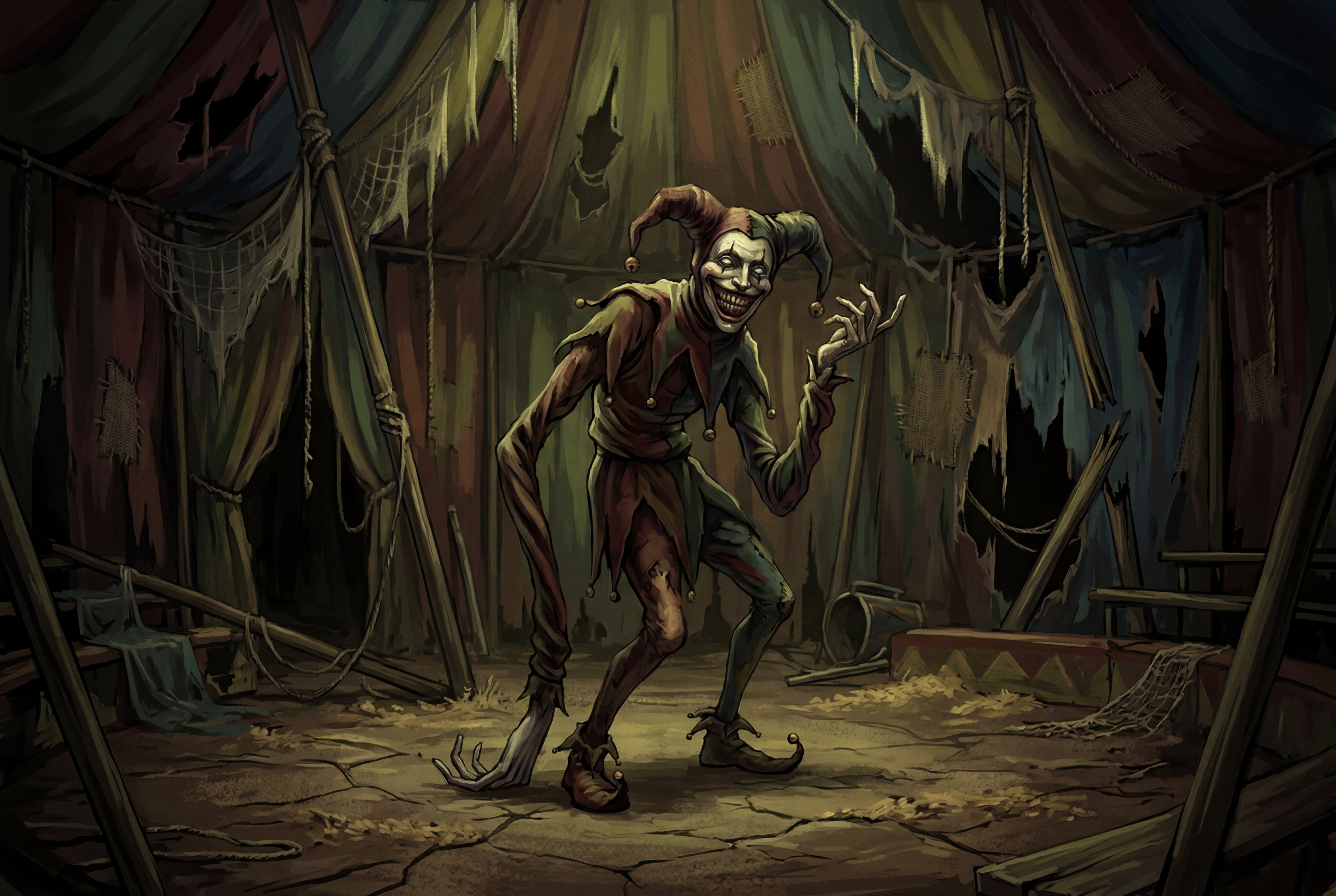 An uncanny jester creature in a decaying circus tent