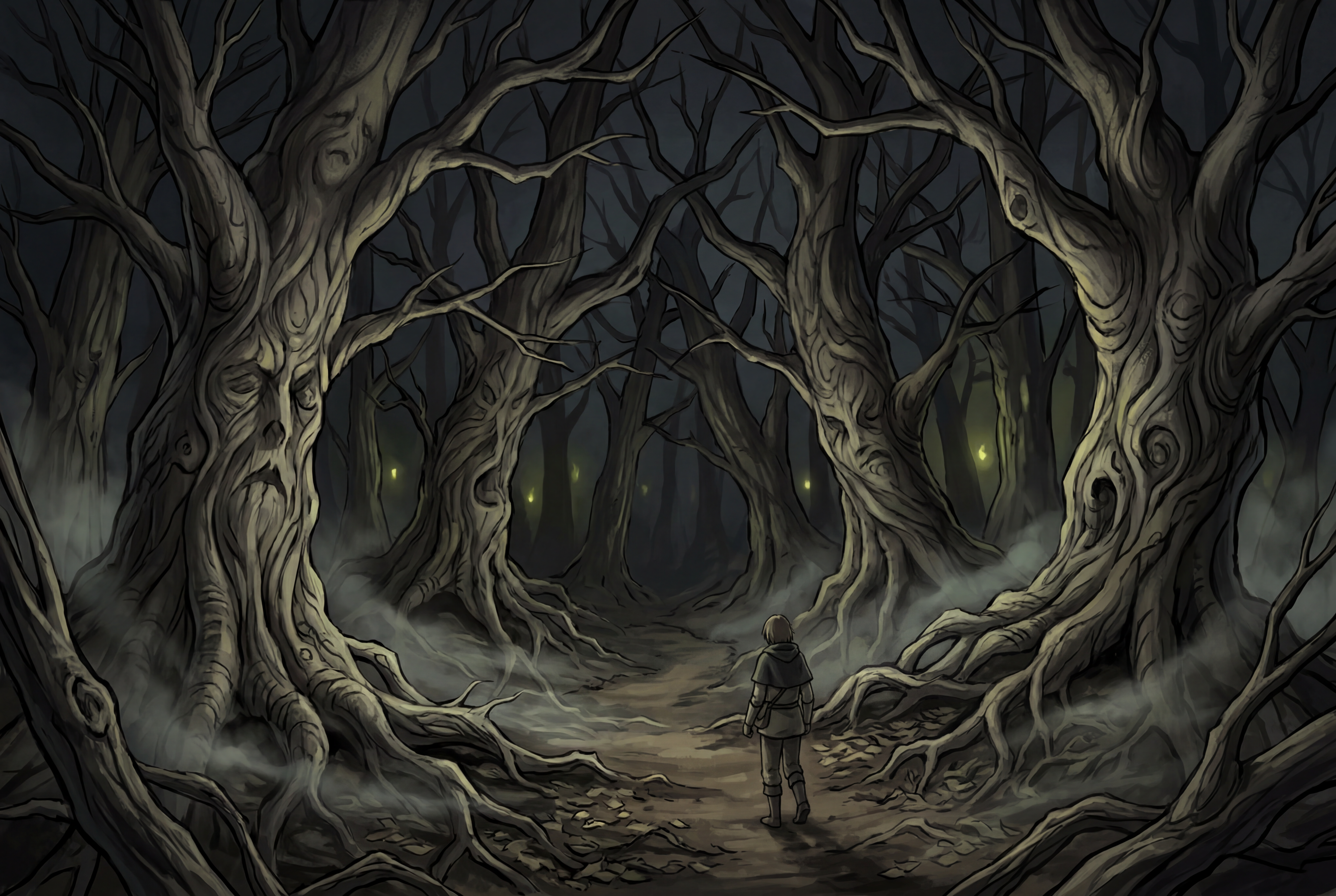 A twisted dead forest at night with an eerie glow