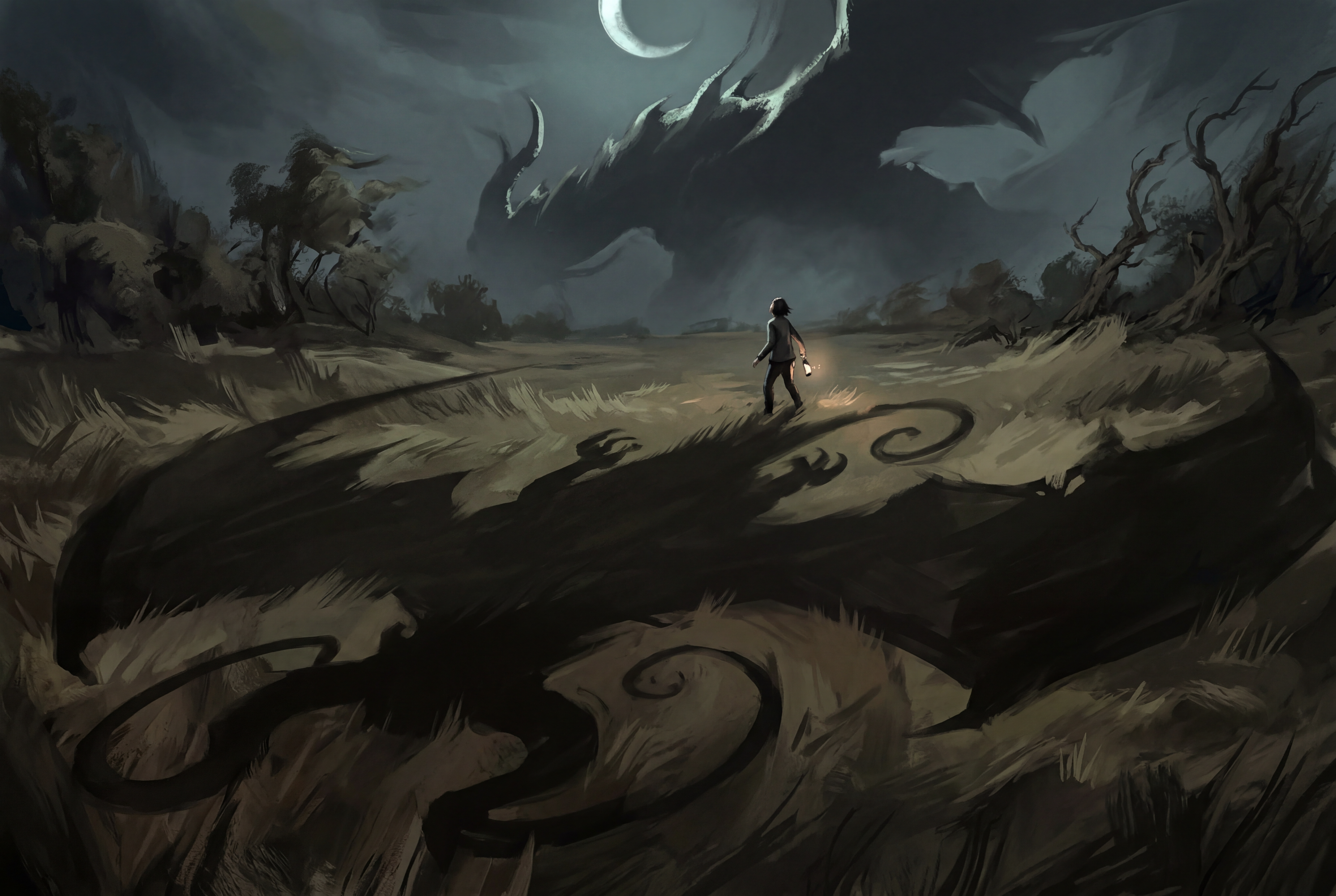 A figure dwarfed by a colossal unseen shadow