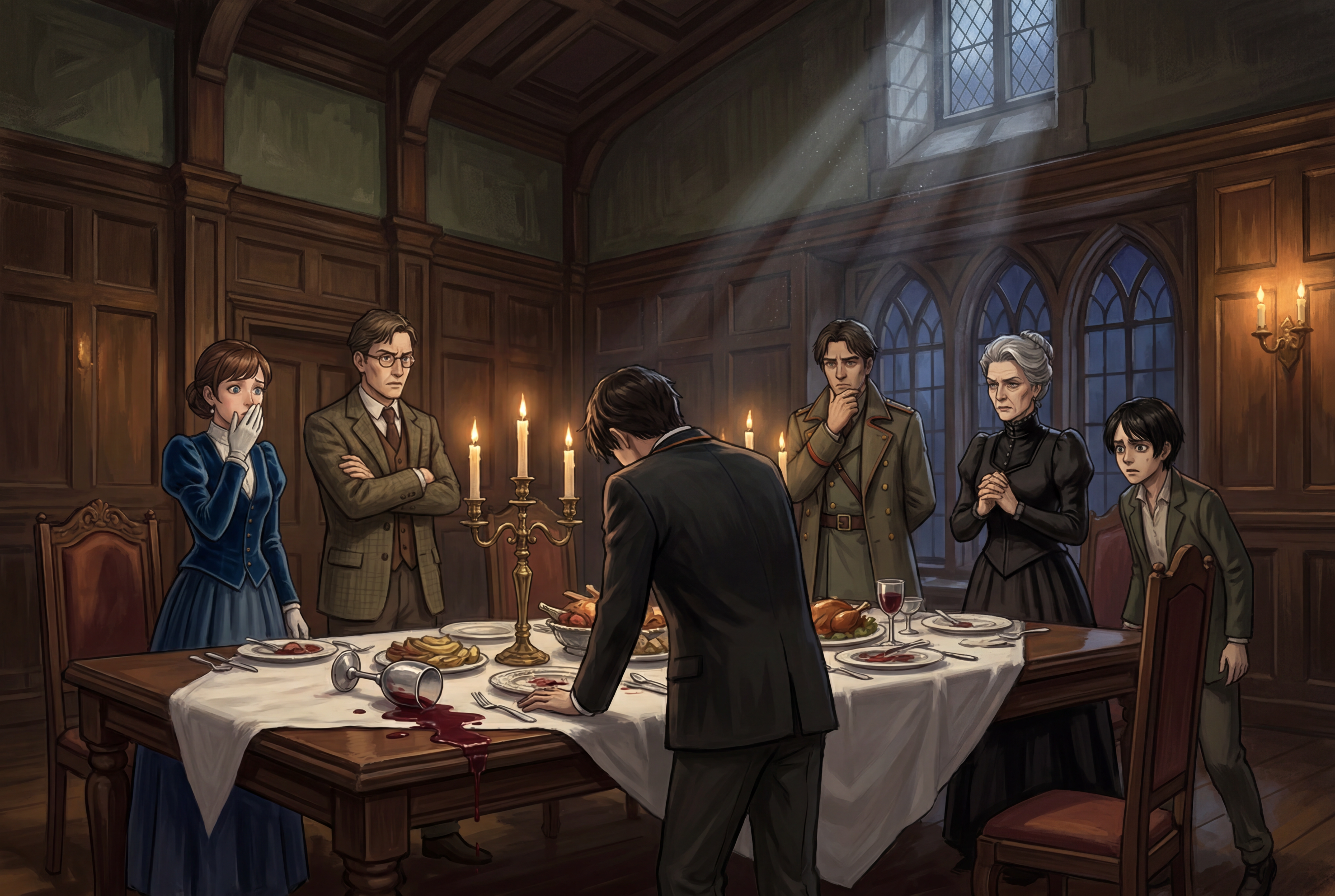 A grand dining room where something terrible has just happened