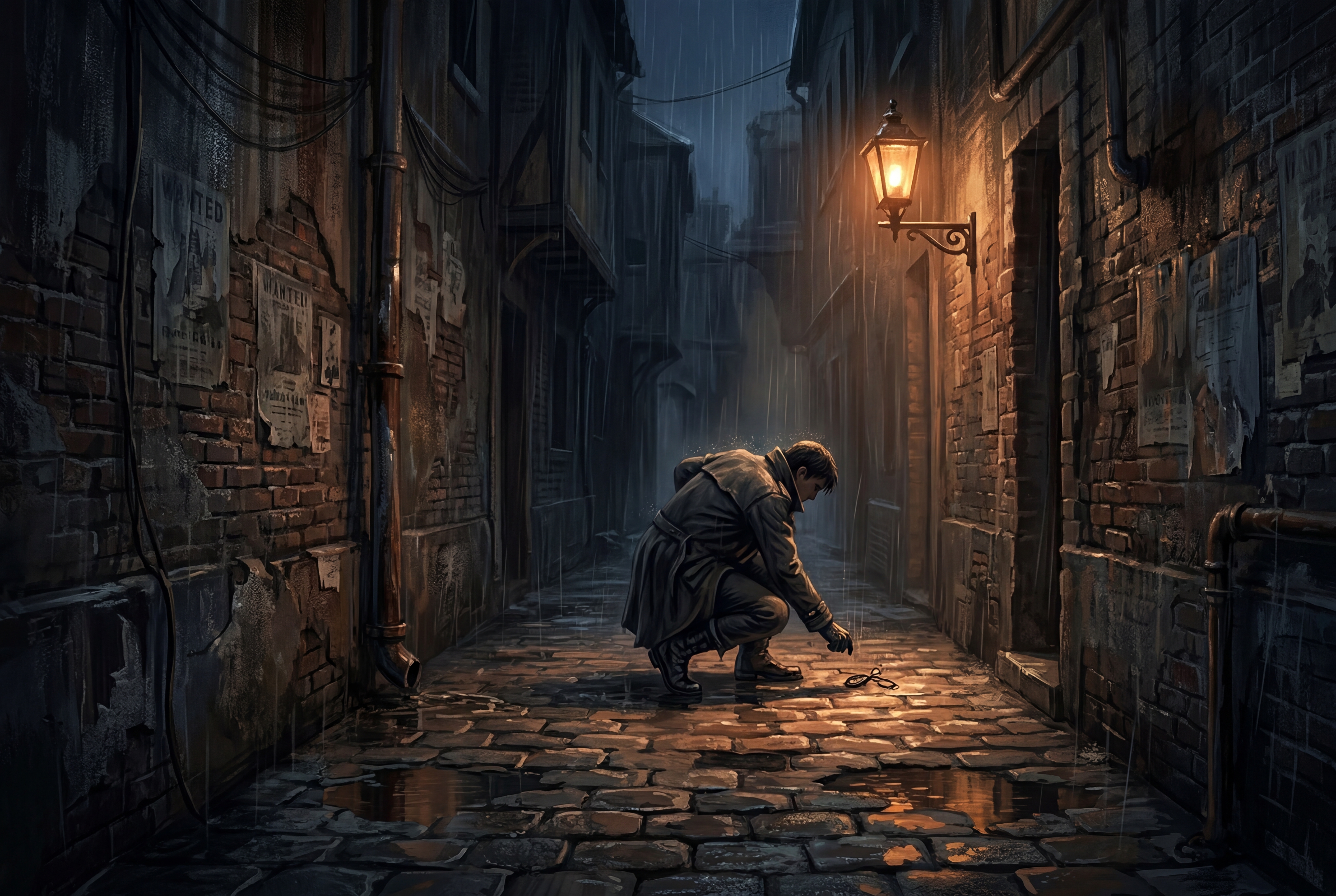 A figure discovering evidence in a rain-soaked alley