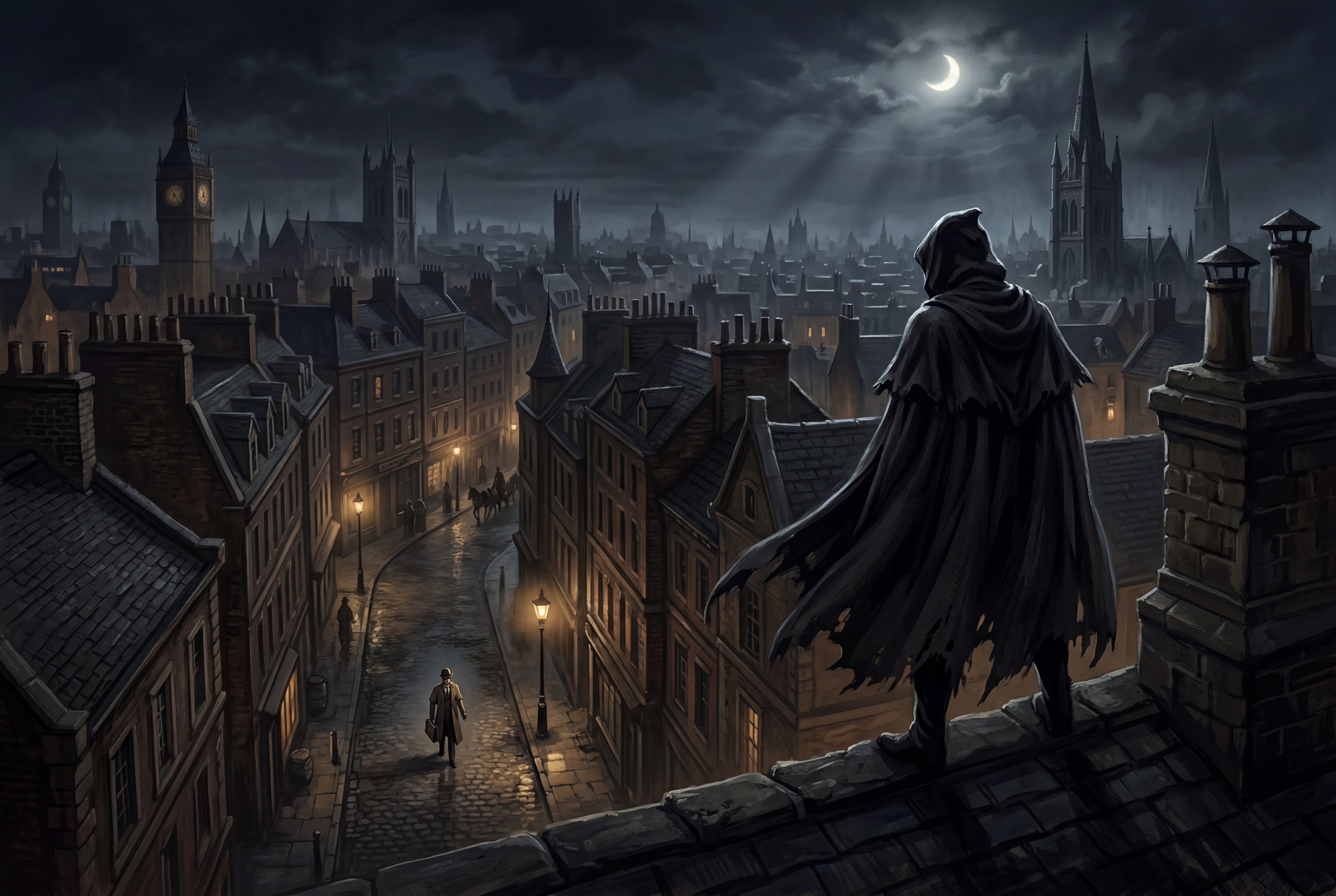 A shadowy figure watching from a rooftop