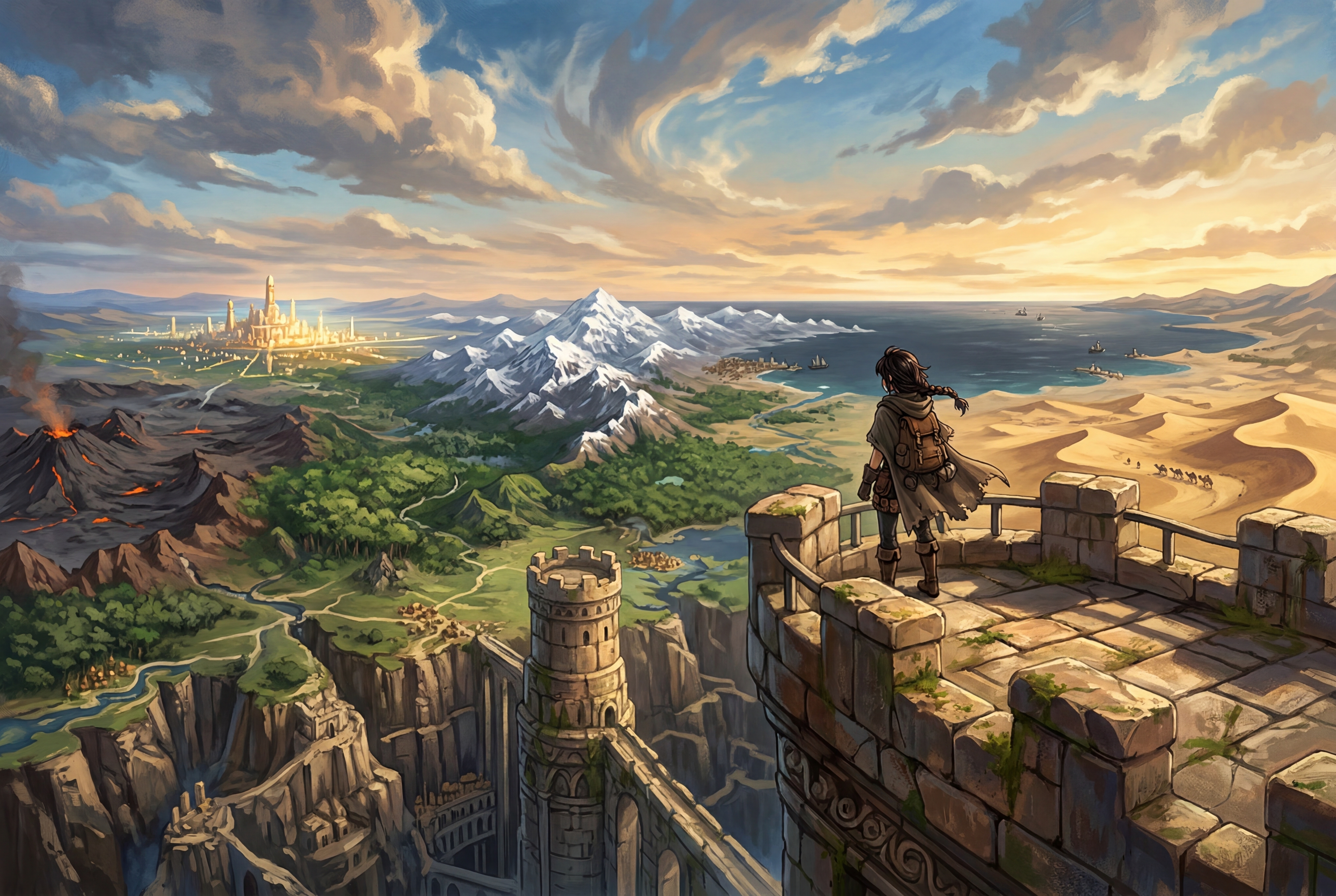 A lone figure overlooking a vast world with many terrains