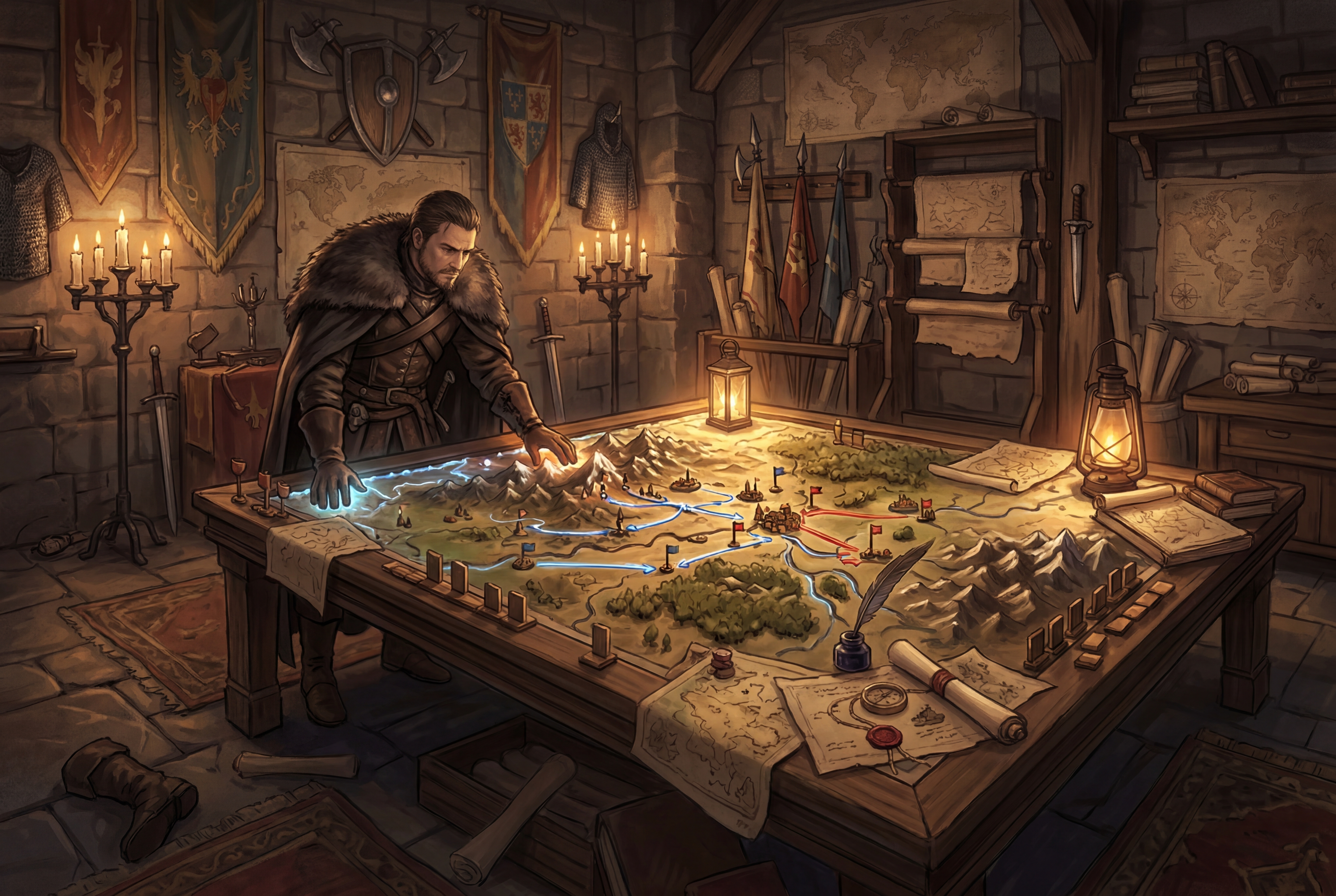 A figure at a war planning table with a 3D map